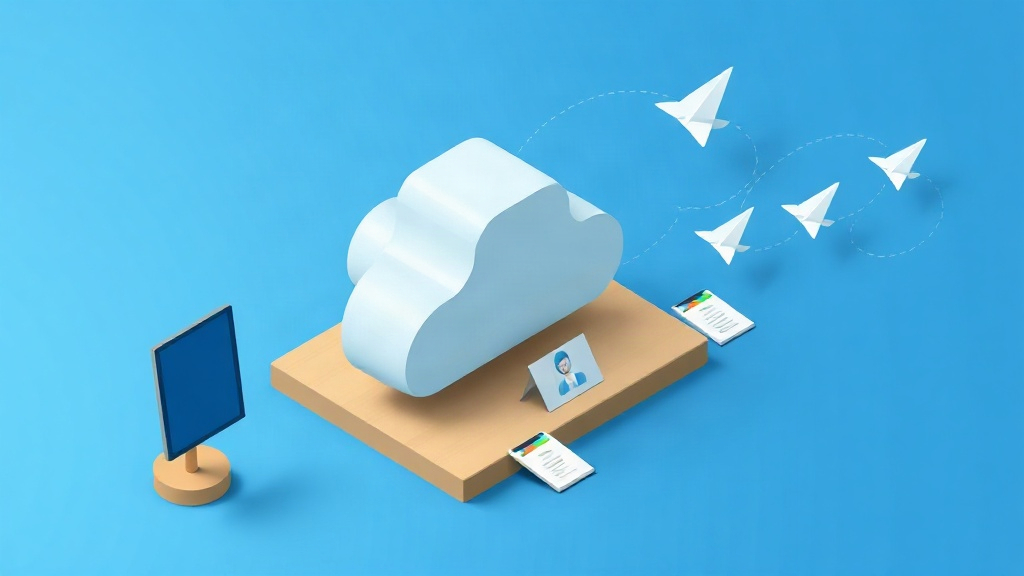 Ilustración de una nube motorizada que lanza aviones de papel hacia una fila de tarjetas de perfil