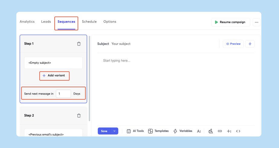 Editor de secuencias de email en Instantly