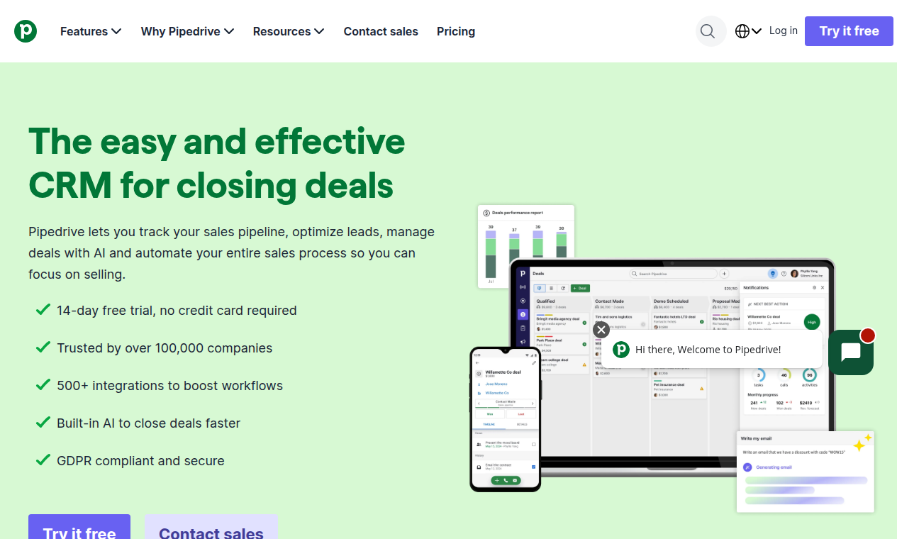 Captura de la interfaz de Pipedrive, el CRM de pipeline visual