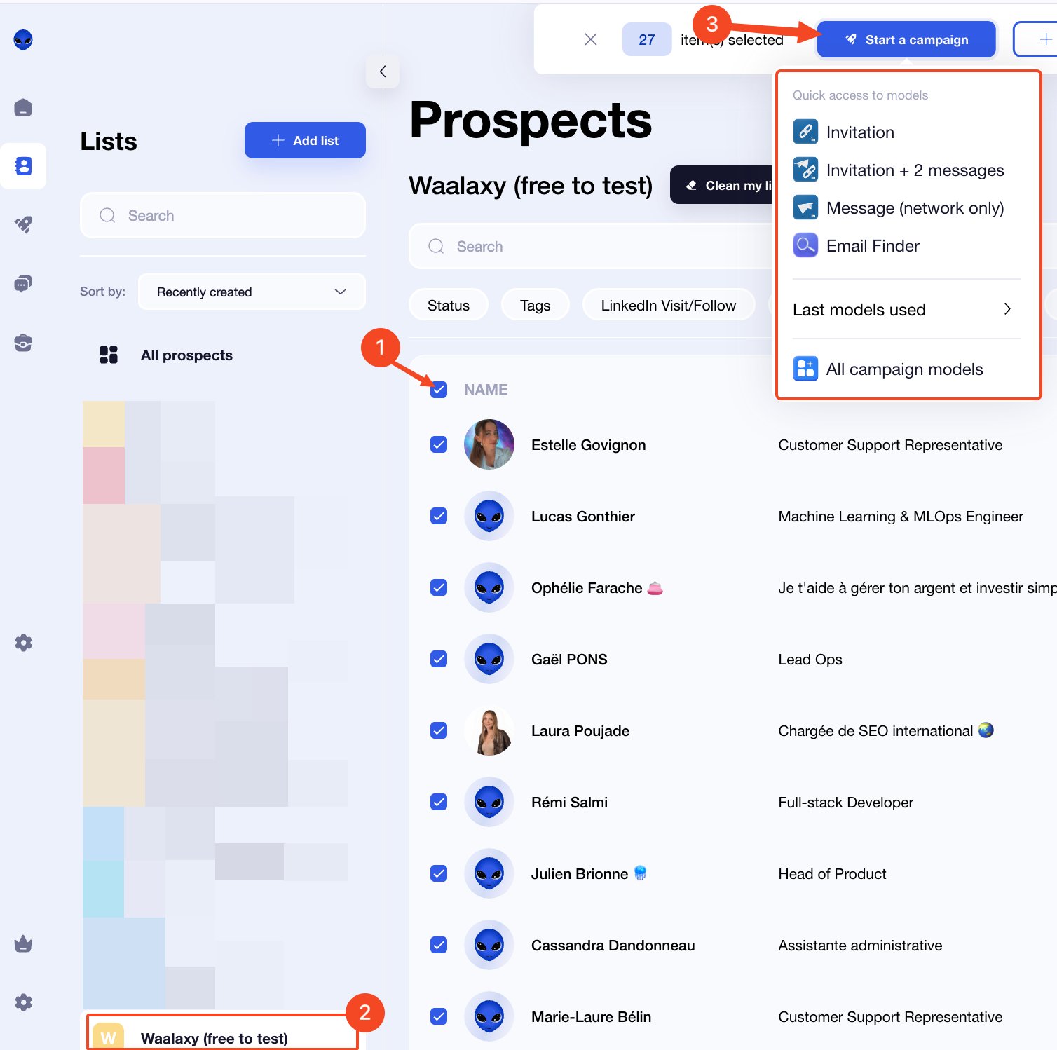 Interfaz de Waalaxy con la lista de prospectos